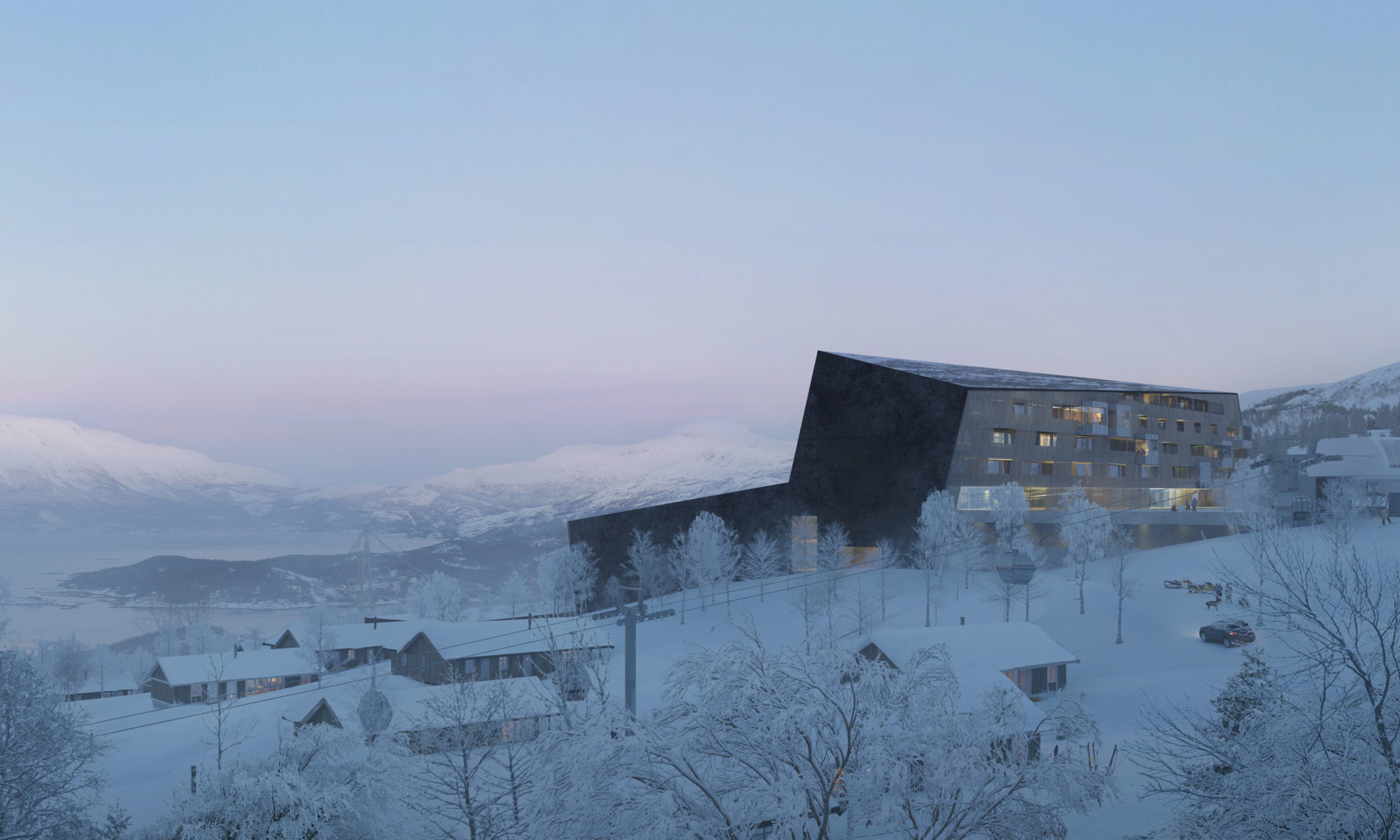 Modern apartment block on the mountainside with a view overlooking the valley and the mountains.