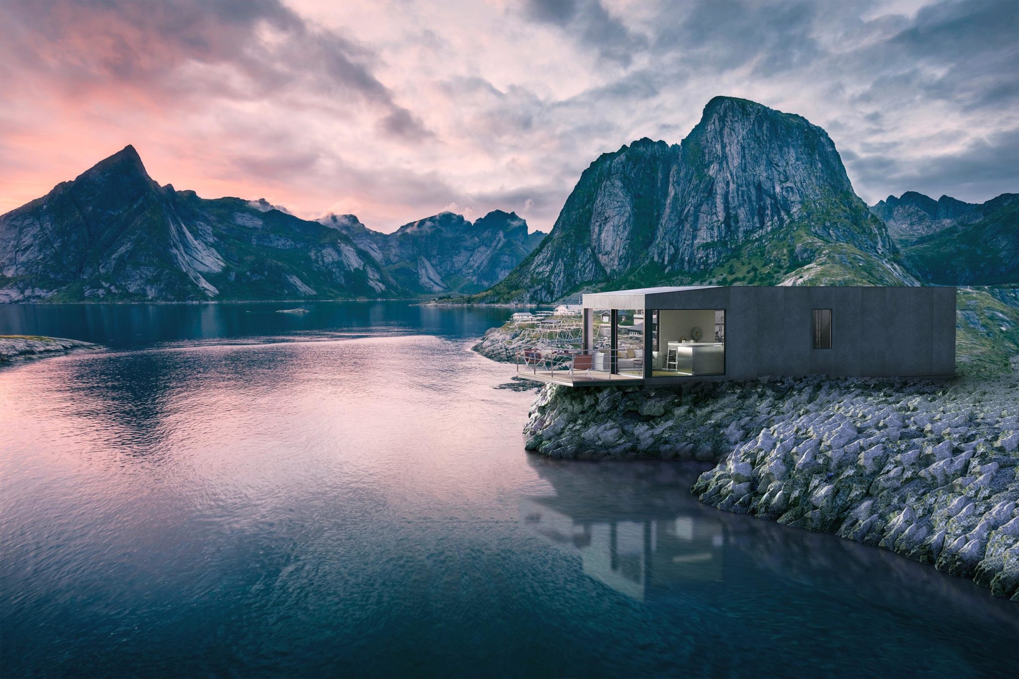 Cabin situated on a rocky slope with a terrace hovering over the water, offering a view of mountains.